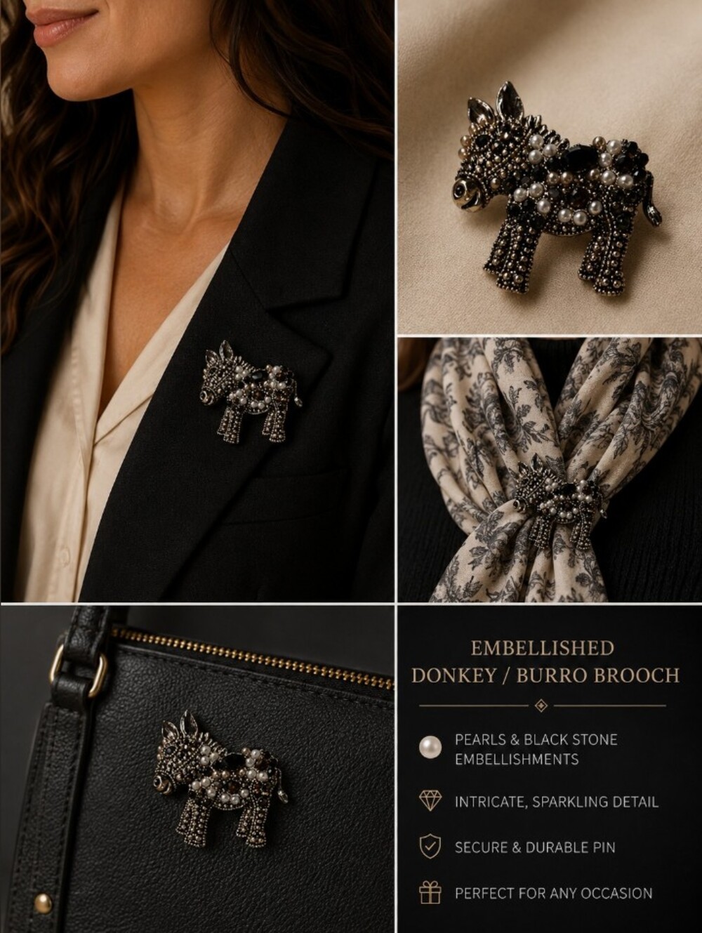 Embellished Donkey / Burro Brooch with Pearls and Black Stones